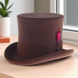 FERRECCI MENS PREMIUM TOP HAT IN BROWN WOOL VICTORIAN ELEGANCE WITH SATIN LINING